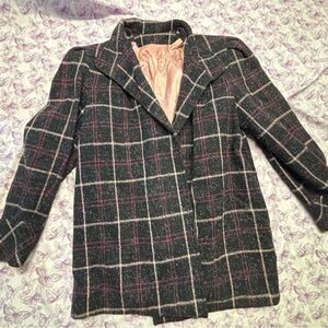 Elegant Plaid Pea Coat - Black and Pink
